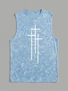 Áo tank top nam phong cách retro tối giản in hình chữ thập, chất liệu vải mài, thoải mái và thoáng khí, phù hợp cho mùa hè, dẫn đầu xu hướng thời trang. - Màu xanh nhạt - Xem 4