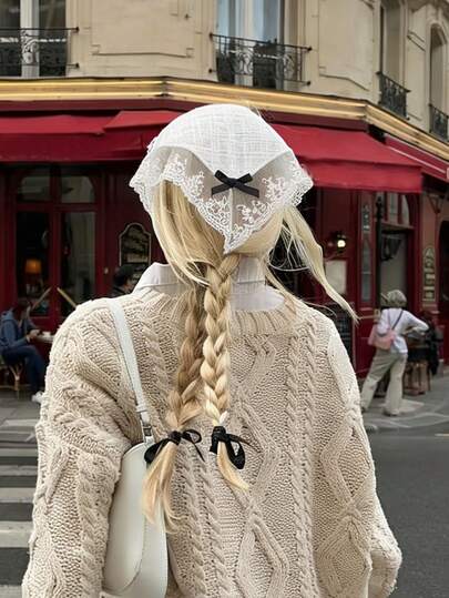 1 chiếc khăn trùm đầu ren thêu kiểu Pháp cổ điển, khăn tam giác màu đen thanh lịch với nơ, phụ kiện tóc cao cấp dùng làm đạo cụ chụp ảnh.