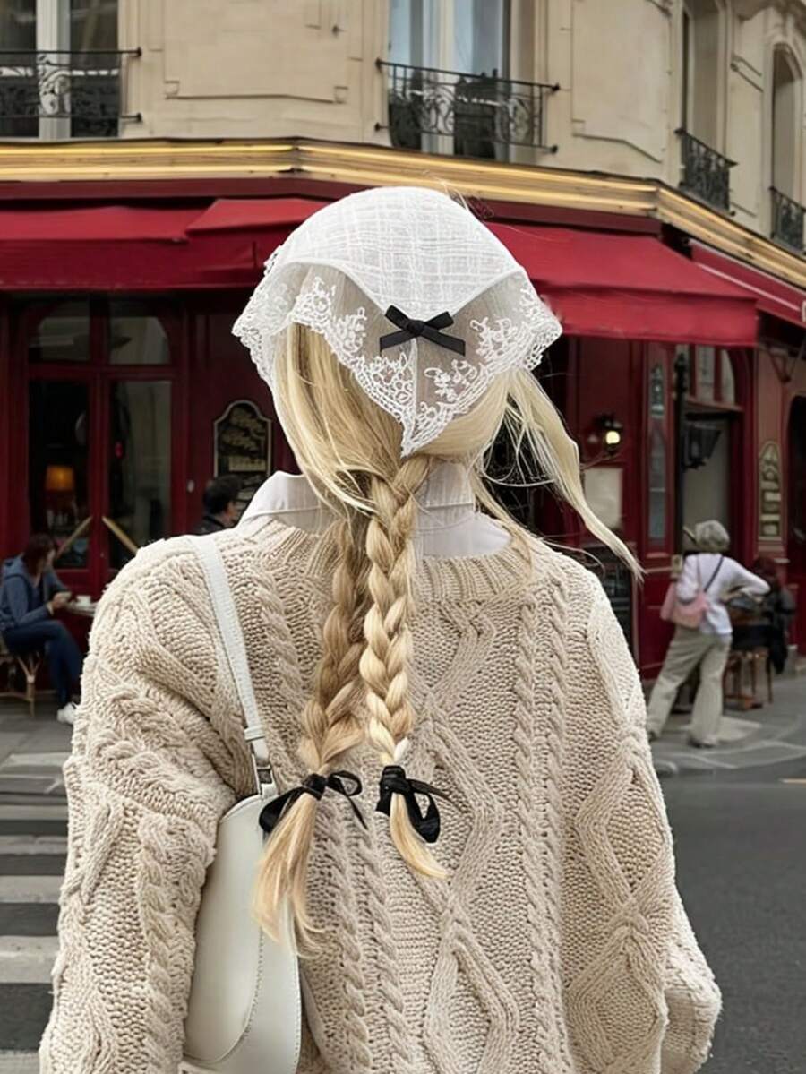 1 chiếc khăn trùm đầu ren thêu kiểu Pháp cổ điển, khăn tam giác màu đen thanh lịch với nơ, phụ kiện tóc cao cấp dùng làm đạo cụ chụp ảnh. - Màu be - Xem 1