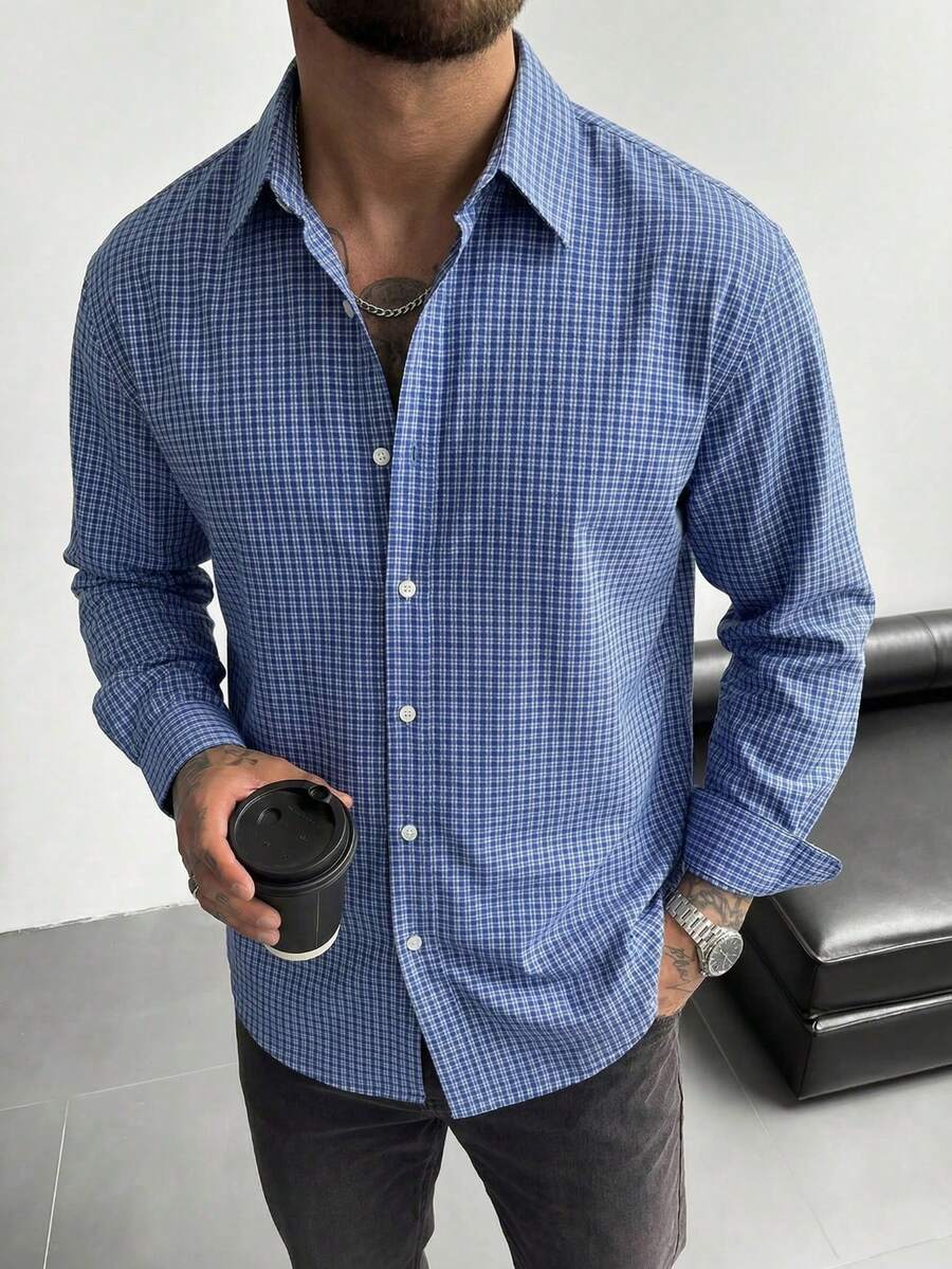 男士蓝白格子衬衫，时尚格子数码印花长袖纽扣衬衫，现代修身休闲衬衫，都市职业时尚春秋上衣。 - 彩色 - 查看 1