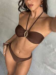 Bộ bikini hai mảnh màu nâu đậm mới năm 2026, thiết kế hở lưng, kiểu dáng thanh lịch, thích hợp cho các bữa tiệc, du lịch biển dành cho nữ. - Rỉ Nâu - Xem 1