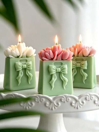 1个郁金香花束手提包造型香氛蜡烛 | 手工大豆蜡装饰蜡烛，适用于家居装饰、拍照道具、女士礼物、婚礼及节日派对礼品蜡烛