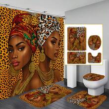 1/2 Set Of African-Themed Beauty Bath Curtain Set, Golden-Brown Portrait Bathroom Decor, Includes A Floor Mat, U-Shaped Cushion, Toilet Lid Cover, And 12 Hooks. 70.87 X 70.87 Inches Bath Curtain. Home Decor, Bathroom Accessories. - A - View 11