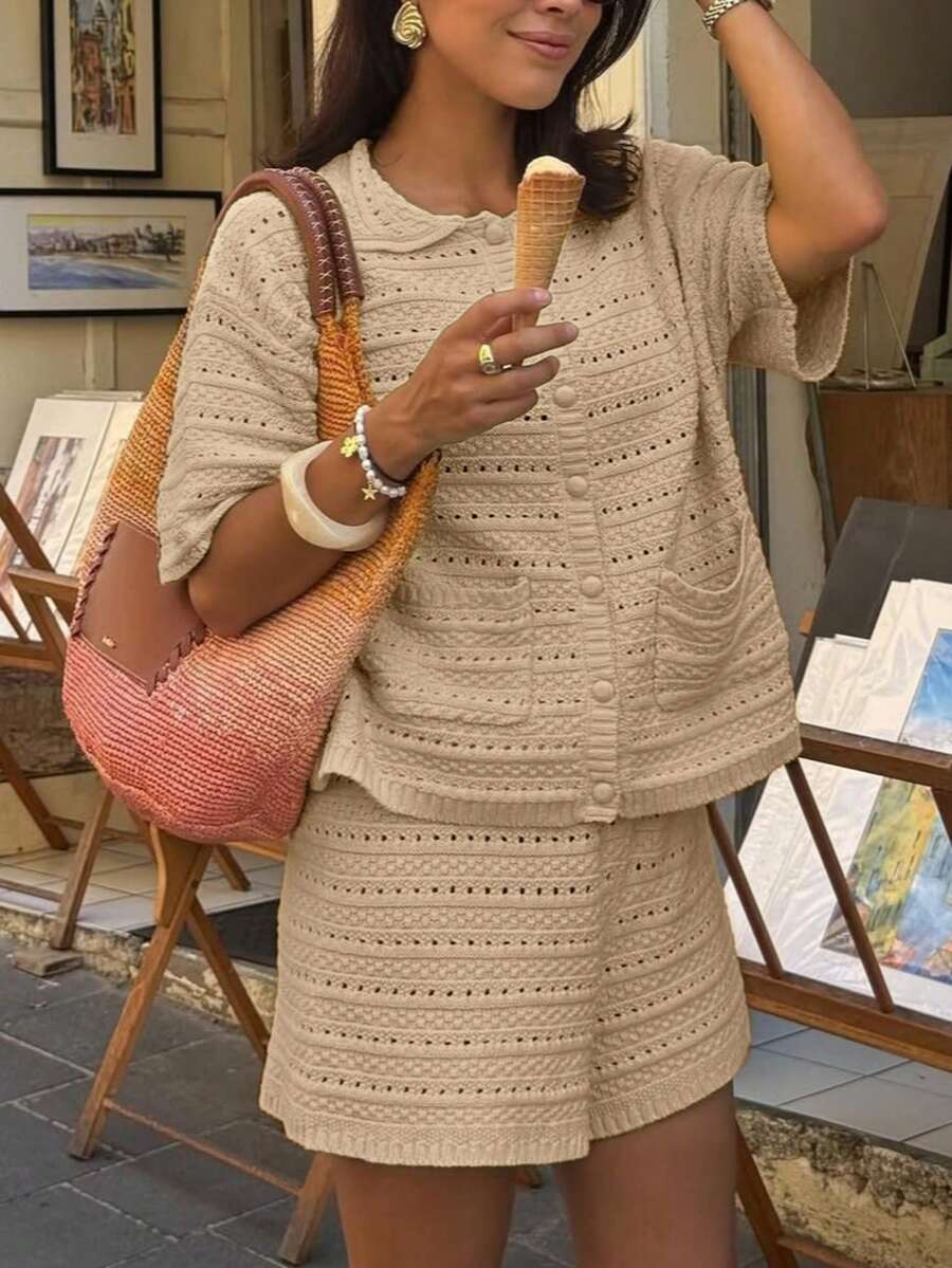 Bộ đồ nữ 2 món, áo khoác cardigan tay ngắn màu trơn và quần short cạp chun, kiểu dáng thường ngày dễ thương, rộng rãi, thích hợp cho kỳ nghỉ biển, phong cách thanh lịch. - Màu Khaki - Xem 1