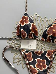 2pcs Retro Floral Colorblock Plaid Print Bikini Swimwear, Suitable For Beach, Pool, Cruise, Party In Spring And Summer Vacation - Black Background With Brown Flowers - View 4