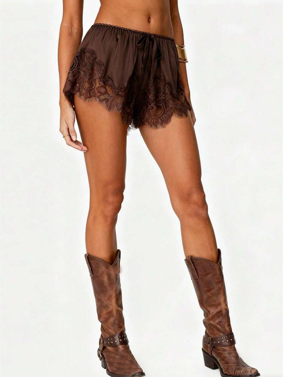 Boho Women's Lace Trim Satin Silk Shorts Shiny Elastic Waist Mini Shorts Pettipants Half Slip Shorts French Knickers Boyshorts For Dresses Full Coverage Underwear Lounge Pants - FJ305-棕色 - 查看 1