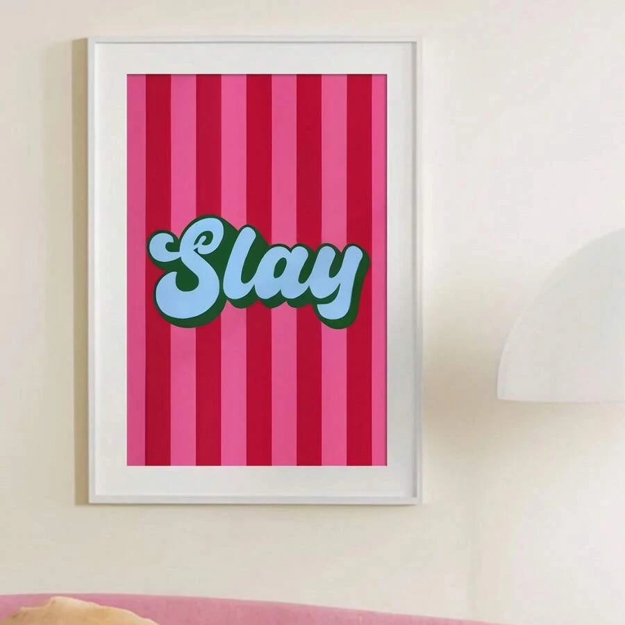 1 pieza Póster de lienzo sin marco, pintura decorativa con eslogan de rayas verticales rosas en contraste retro, decoración de habitación fresca Y2K, arte de pared para apartamento, decoración de pared para dormitorio - Multicolor - Ver 1