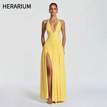 HERARIUM 2026 European And American Women's Fashion Summer New Solid Color Elegant Sleeveless Halter Strap Slit Long Dress Wedding Guest Dress Women Vacation Outfits Women Summer Dresses - 黃色(已做貨) - 查看 1