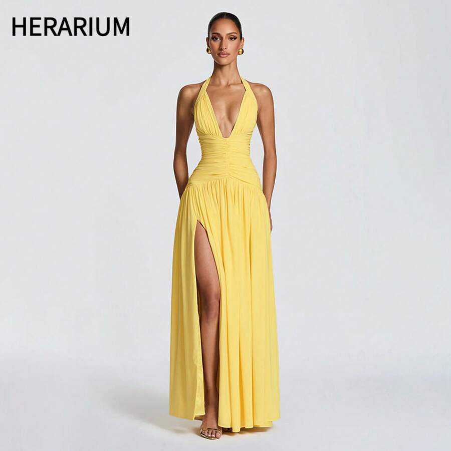 HERARIUM 2026 European And American Women's Fashion Summer New Solid Color Elegant Sleeveless Halter Strap Slit Long Dress Wedding Guest Dress Women Vacation Outfits Women Summer Dresses - 黃色(已做貨) - 查看 1