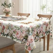 1pc Spring/Summer Pink Rose Floral Tablecloth, Spring Printed Tablecloth, Floral Theme Design, Pastoral Style, Polyester Round/Rectangular Tablecloth, Spring Decor, Indoor/Outdoor Dining Table Decor, Ideal For Mother's Day, Wedding And Holiday Home Decoration - Multicolor - View 6