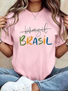 White Brasil Colorful Letter Print T-Shirt, Women Crew Neck Short Sleeve Casual Tee, Brazil National Flag Color Graphic Summer Vacation Loose Fit Top - 粉色 - 查看 11