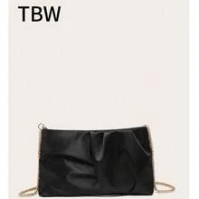 女士黑色斜挎包，配金属链条，褶皱真丝缎面面料，轻便时尚，适合外出、聚会和购物。 - 黑色 - 查看 5