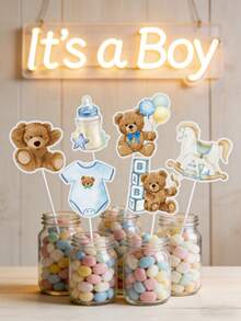 12Pcs Teddy Bear Baby Shower Cupcake Toppers, Blue/Pink Baby Theme Cake Decor Toppers For Gender Reveal 1st Birthday Welcome Newborn Baby Party Dessert Table Supplies Baby Shower Party Favors Baby Shower Party - Multicolor - View 3
