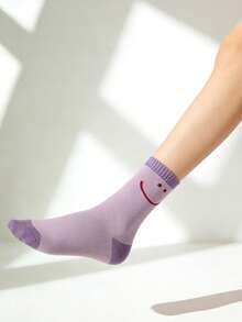1双女士淡紫色笑脸透气中筒袜，薄款，适合春秋季穿着 - 紫丁香色 - 查看 5