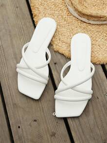 女士白色交叉绑带露趾平底拖鞋，休闲夏季沙滩度假日常穿着 - 白色 - 查看 2