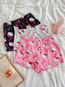 SANRIO Y2K风格KT猫咪格子短裤，可爱卡通印花松紧腰休闲睡裤 - 彩色 - 查看 7