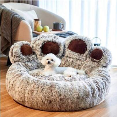 1pc Bear Paw Shaped Long Plush Warm & Breathable Padded Pet Bed, Suitable For Medium/Large Cats & Dogs, All Seasons (Note: After Receiving, Please Manually Fluff Or Knead To Restore The Original Shape)