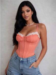 Women's Sexy Structured Lace Cropped Corset With Adjustable Straps And Reinforced Boning, Elegant Shaping Top, Fashion Party Night Outfit, Women's Tank Top - 珊瑚粉 - 查看 4