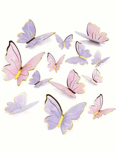 1-60 pièces Décorations de gâteau en forme de papillon, Décorations de cupcake en papier 3D en forme de papillon, Décoration de fête d'anniversaire pour femmes, Stickers muraux en forme de papillon rose et violet, Convient pour mariage, fête, anniversaire, fête à thème, décoration, maison, gâteau