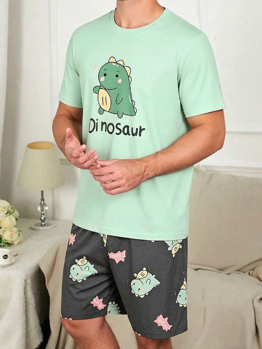 Men's Cartoon Dinosaur Print Short Sleeve Shorts Pajama Set, Summer - Multicolor - View 1