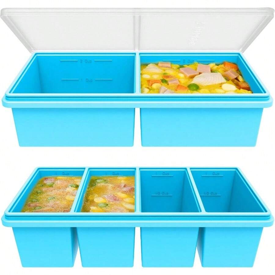 Silicone Soup Freezer Molds With Lids, 2 Cup 1 Cup Combo, Soup Container Style Cube Trays, Reinforced Steel Rims, Freezing Broth, Meal Prep And Other Dishes, Dishwasher Oven  - 2 Pack - Blue - View 1