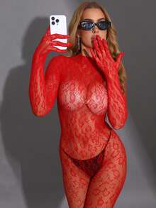 Body de red sexy para mujer, body ajustado de malla, lencería, ropa de dormir, cubierta de bikini - Rojo - Ver 3