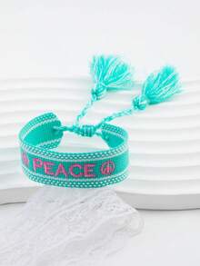 1pc Fashionable Embroidered Letter Handmade Woven Bracelet, Gift For Friends - Cadet Blue - View 4