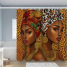 1/2 Set Of African-Themed Beauty Bath Curtain Set, Golden-Brown Portrait Bathroom Decor, Includes A Floor Mat, U-Shaped Cushion, Toilet Lid Cover, And 12 Hooks. 70.87 X 70.87 Inches Bath Curtain. Home Decor, Bathroom Accessories. - A - View 12