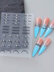 French Line Nail Stickers, Embossed Rhinestone Striped Wavy Y2K Metallic Embossed Curved Japanese Design Nail Art Decorations - 彩色 - 查看 3