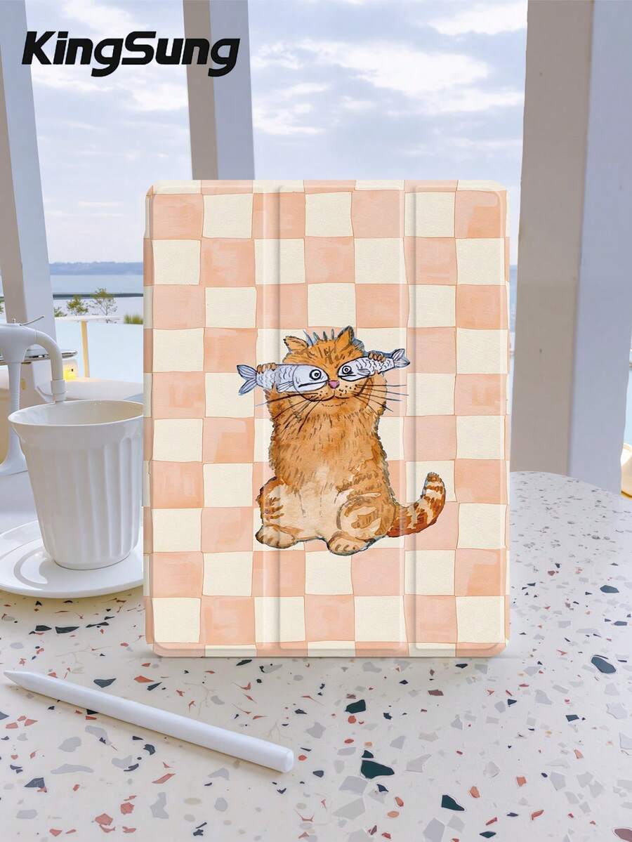 Kingsung 格子猫图案平板电脑保护套，兼容 iPad 9.7/10.2/10.5/10.9/12.9/Pro 11（第十代），兼容三星 Galaxy Tab S6 Lite 10.4 英寸，兼容 Kindle Paperwhite 第十二代（2024 年发布，第十一代于 2022 年发布），柔软防摔，支持智能待机/自动唤醒/睡眠功能。