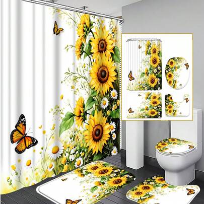 1/3/4 Sets Sunflower & Butterfly Bathroom Shower Curtain Set; Fresh Pastoral Design, Waterproof & Durable, Suitable For Bathroom Decor & Accessories. Size: 71"X71", Includes 12 Hooks, Toilet Seat Cover, Bath Mat & Rug, Made Of High-Quality Polyester Fabric, Washable & Mildew-Resistant, Great For Holiday Decor, Bathroom & Room Decoration
