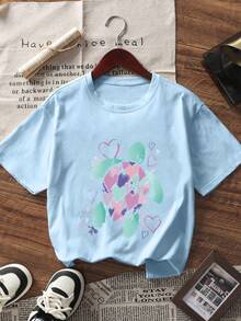 3 pièces Ensemble de t-shirts à manches courtes avec vague de plage et imprimé tortue pour préadolescentes, convient pour les hauts d'été des jeunes étudiantes - Multicolore - Voir 4