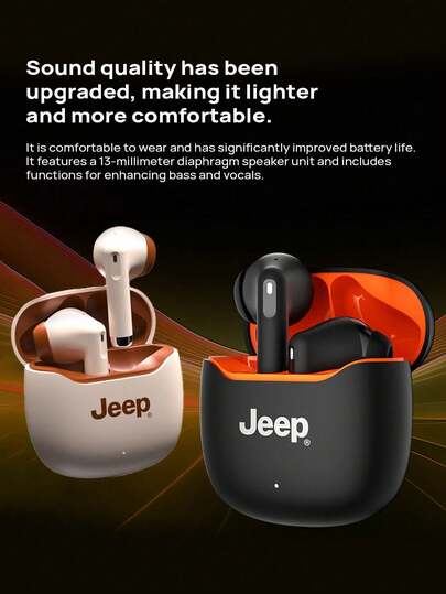 Jeep EW138 Bluetooth Earphones: True Wireless Semi-In-Ear, Intelligent Adaptive Bass, Dual-Mode Low Latency For Gaming And Music, Long Battery Life + Fast Charging, 13mm Diaphragm Unit, Noise Cancellation For Comfortable Use During Exercise And Running.