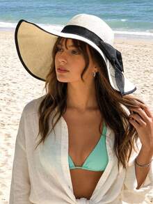 Women's Summer Korean Style Straw Hat Anti-UV Beach Hat Wide Brim Sun Hat Travel Hat,Vacation - Woven Straw Hat - View 4