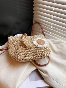 Summer Fashion Versatile Casual Handwoven Large Capacity Beach Straw Crossbody Bag - Beige - View 3