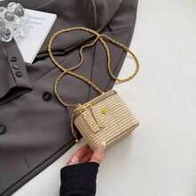 1pc New Minimalist Casual Versatile Woven Straw Lunch Box Bag, Chain Strap Shoulder Crossbody Bag, Holiday Best Seller Small Shoulder Crossbody Bag - 卡其色 - 查看 9