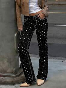 Women's Slim Fit Denim Pants Mid Rise Tapered Leg Stretch Jeans With Black Spotted Pattern - Black - View 10