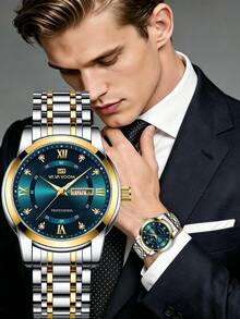 VA VA VOOM 1 Stück elegante Herren Edelstahl Armbanduhr, Uhr mit Strass-Skala Farbverlauf Zifferblatt für Männer, Woche+Kalender Fenster, wunderschöner Stil Herren Uhr, geeignet als Urlaubsgeschenk - Einheitsgröße - Übersicht 3