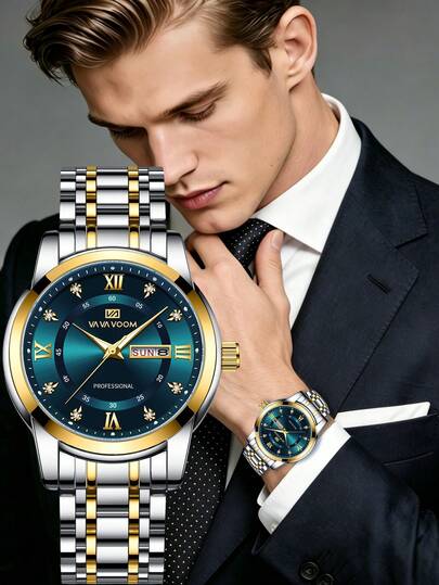  VA VA VOOM 1件装优雅男士不锈钢表带腕表，镶钻渐变表盘，星期+日历显示，时尚男士腕表，适合作为节日礼物