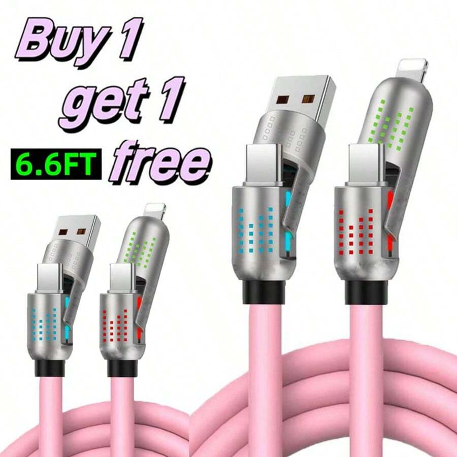 [Buy 1 Get 1 Free] 4 In 1 USB Charging Cable 6.6ft – 240W Max Fast Charging, USB A/Type C/Lightning With Breathing Light, For IPhone,Laptop