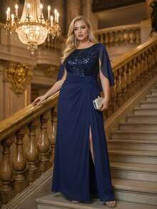 EVERPRETTY Plus Size Embroidered Evening Gown, Elegant Floral Sequin Mermaid Formal Dress, High-End Evening Gown For Prom, Graduation, Formal Occasions - Navy Blue - View 1