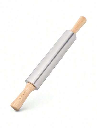 Stainless Steel Rolling Pin - 17" Non Stick Metal Roller With Wood Handles For Baking, Cooking, Cookies, Biscuits, Pizzas, Dough, Pastry