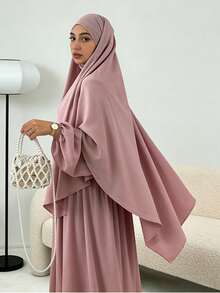Conjunto de 2 peças: Khimar Hijab + Abaya, vestimenta muçulmana folgada e confortável, adequada para uso diário e orações, para todas as estações. - Multicolorido - Ver 9