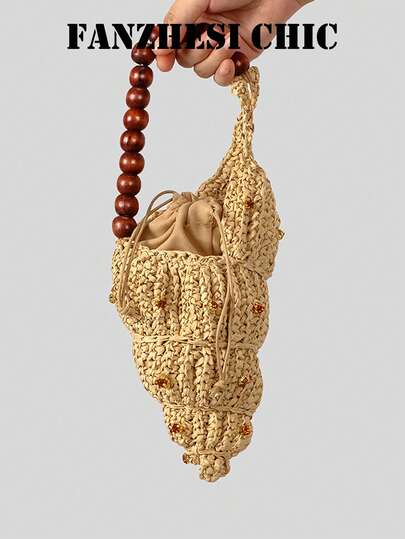 Túi xách nữ đan bằng vỏ sò mới, có dây xích hạt gỗ, phong cách Bohemian, có thể dùng như ví cầm tay, túi cói, ví tiền, thích hợp cho đi biển, dã ngoại và du lịch.