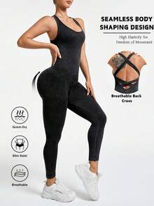 Women's Vintage Sand Washed Jumpsuit With Cross Backless Straps – Ideal For Gym And Daily Work Outfits - màu đen - Xem 3