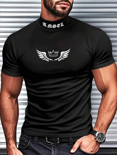 男士时尚百搭皇冠印花高领T恤，夏季