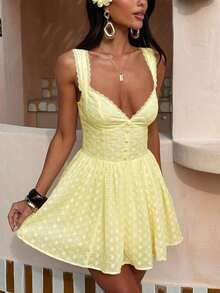 Women's Eyelet Embroidery Bustier Dress Sweetheart Neck Button Front A Line Mini Dress - 黃色 - 查看 3