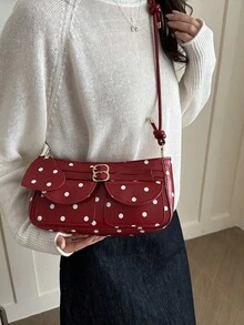 Túi đeo vai chấm bi mới, túi xách tay kiểu baguette thời trang bằng da PU dành cho nữ. - Đỏ - Xem 5