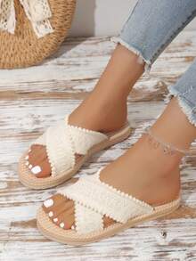 Classic Woven Texture Women's Slippers Soft Sole Comfortable Non-Tiring Indoor/Outdoor Use Breathable Spring/Summer Home/Outing Dual-Use One-Strap Slides - Beige - View 5