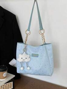 1pc Cloud Decor Star Pattern Polyester Large Capacity Zipper Shoulder Bag, Fashionable Daily Use For Women - Blue - View 7